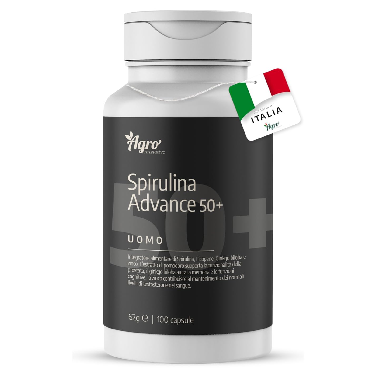 AGROINIZIATIVE Spirulina Advance Uomo 50+ Integratore Alimentare con Spirulina Bio, Acetil L Carnitina, Astaxantina, L-Arginina, Ginkgo Biloba, Zinco e Licopene, Prodotto in Italia, 100 Capsule