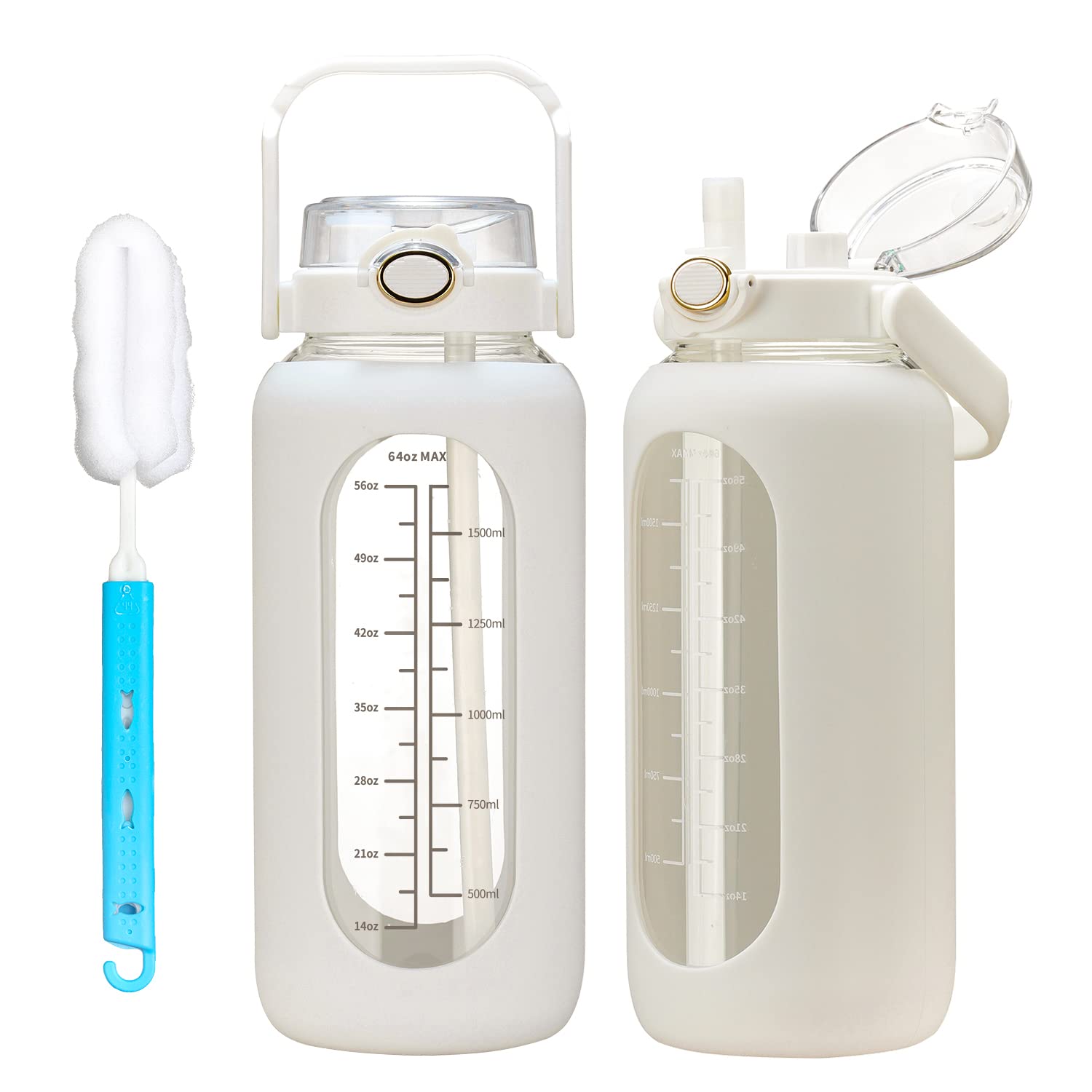 chunmo 42oz/52oz/64oz Glass Water Bolttles with Straw Half Gallon Large Motivational Water Bottle with Time Marker Sports Water Bottles with Silicone