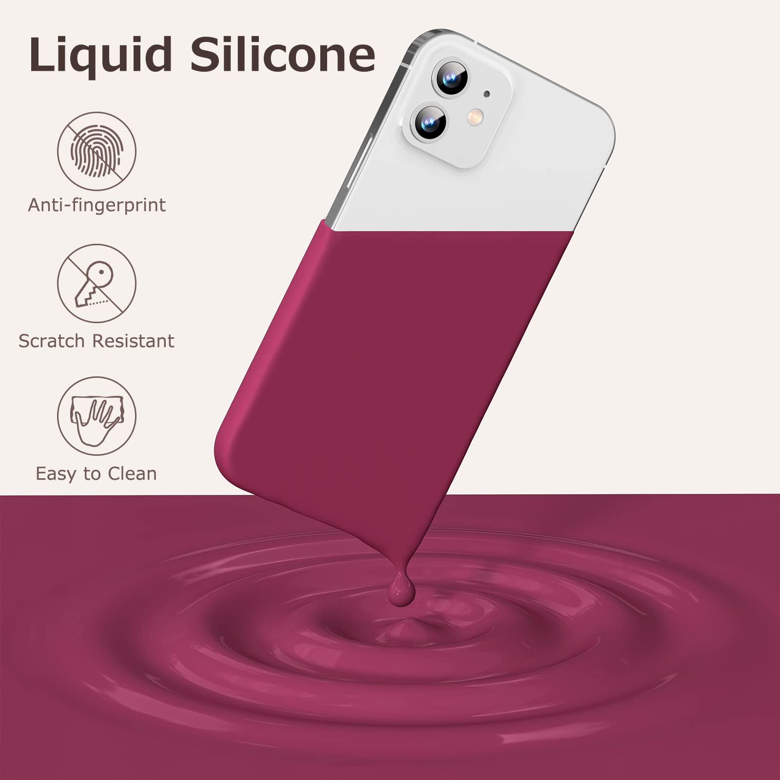 GOODVISH 3 in 1 Cover in Silicone per iPhone 12 Mini 5,4", con 2 Pezzi di Pellicola Protettiva, Silicone Liquido Custodia per Cellulare con Morbida Microfibra Antiurto,Rosa Rossa