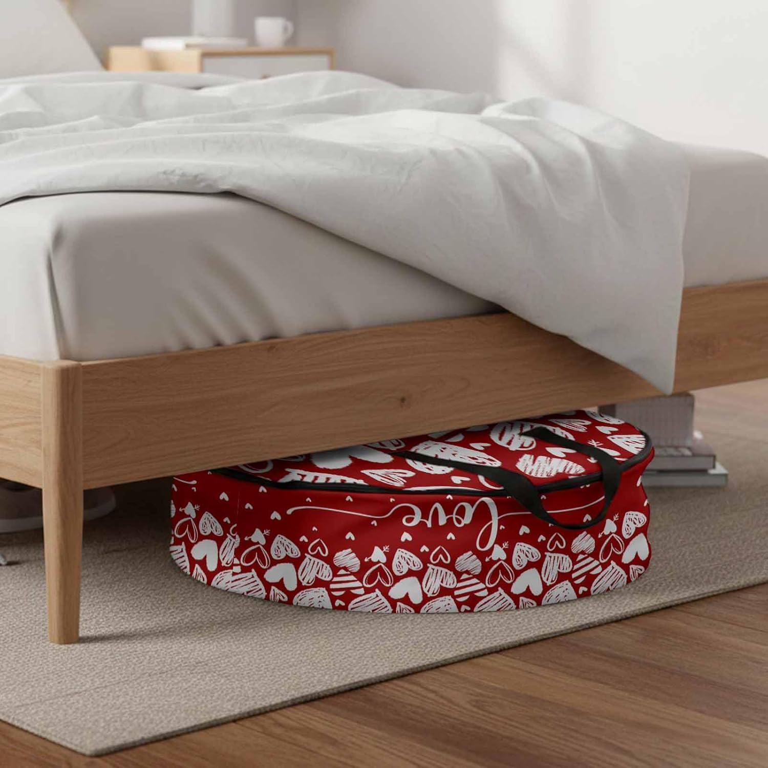 Valentine's Day Round Storage Bag 36 Inch, Love Heart Red White Clothes Storage Container with Handles Heavy Duty Organizer for Comforter, Bedding & Holiday Wreaths