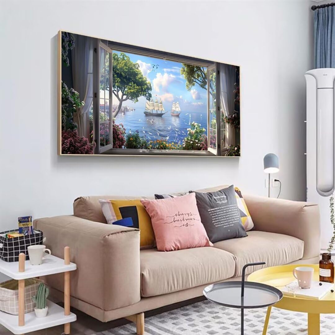 Fenster Diamond Painting Groß XXL 60x140cm, 5D Diamond Painting Landschaft, Full Diamond Painting Eckige Steine Bastelset Erwachsene, Malen Nach Zahlen Diamond Painting für Geschenke, Zimmer Deko W-2