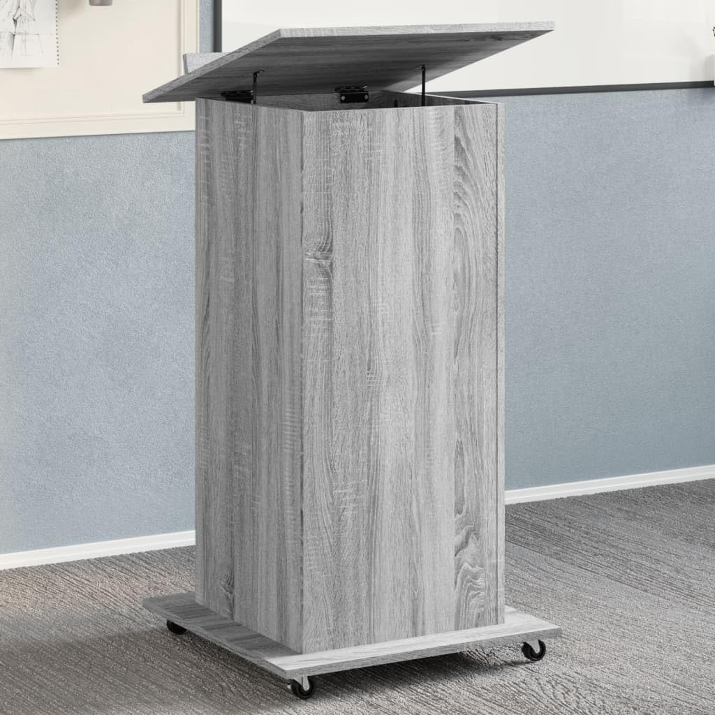 Atril con ruedas y cajón, gris Sonoma, 55 x 55 x 107 cm, escritorio de pie móvil con placa superior inclinable y espacio de almacenamiento para presentaciones y oficina de material de madera