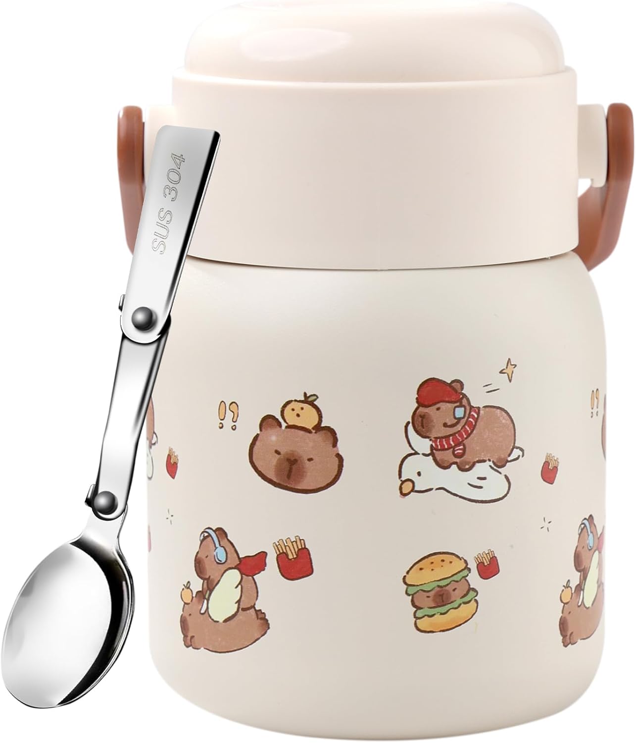 17 oz Capybara 500ml stainless steel double wall vacuum insulated water bottle for home, office or car, reusable, with spoon, leakproof, portable, keeps drinks hot or cold, 17 oz