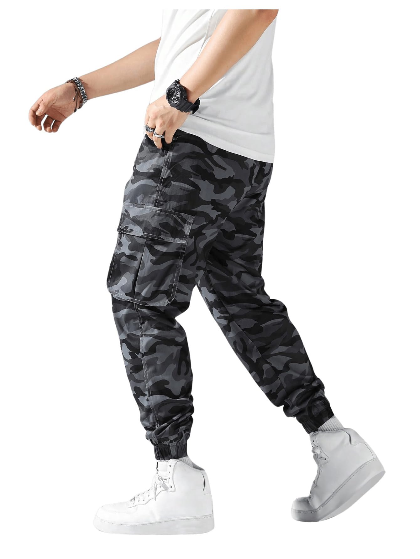 OYOANGLE Men's Camo Casual Joggers Pants Drawstring Waist Streetwear Tapered Pant with Pockets