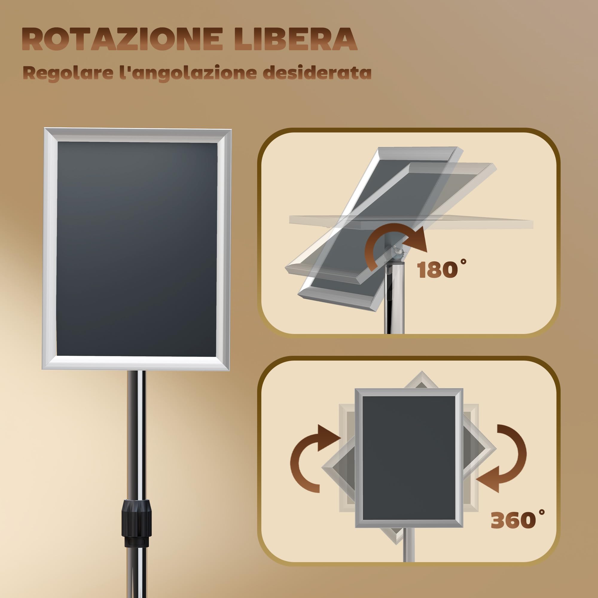HOMCOM Supporto Poster A3 con Altezza e Inclinazione Regolabili, Supporto Espositore da Terra in Acciaio e Alluminio, 45x30x85-135 cm, Argento