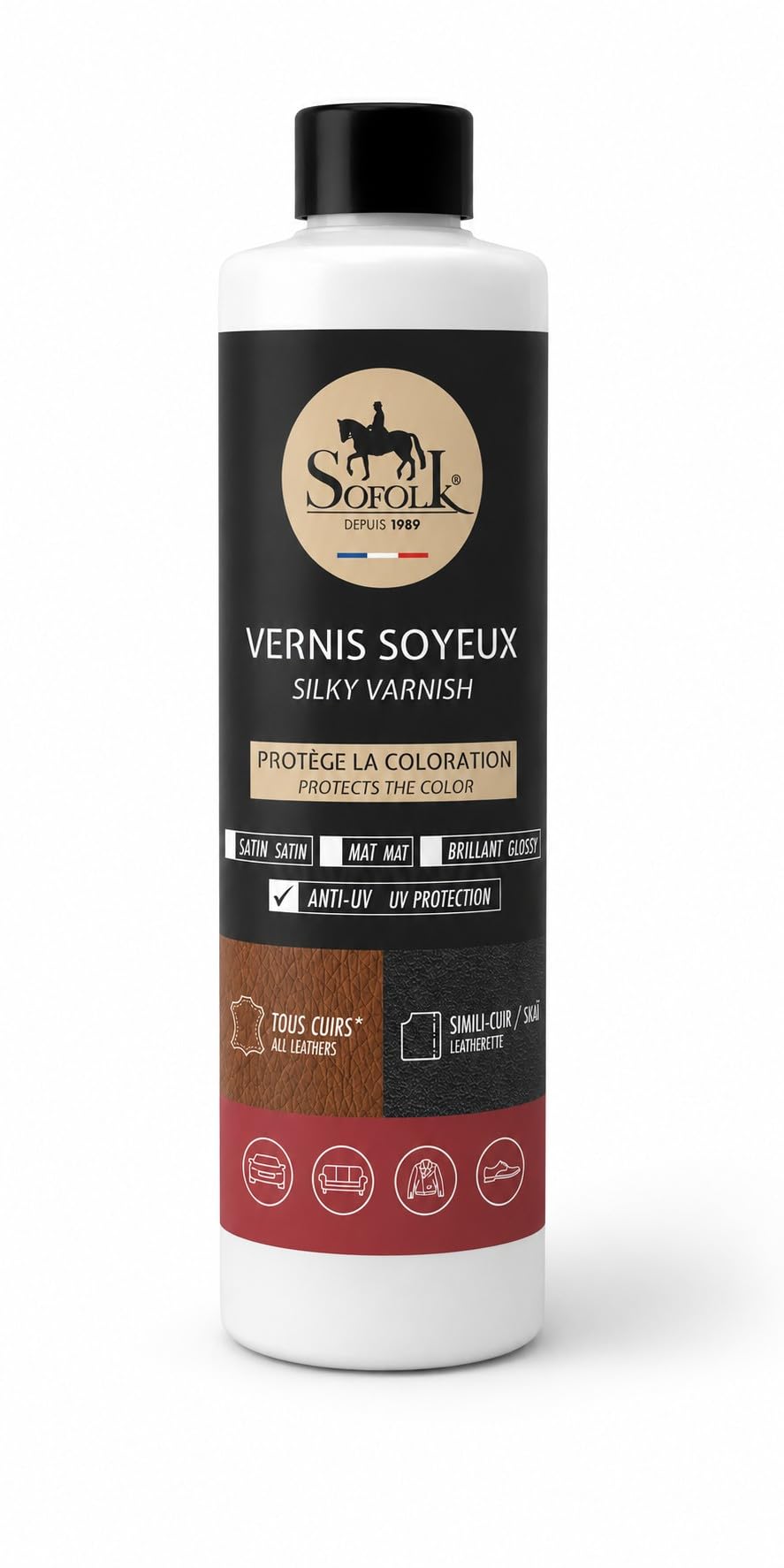 Vernice setosa per pelle. Protegge la colorazione e lo strato superficiale della pelle ed evita la screpolatura prematura (200 ml - raso)).
