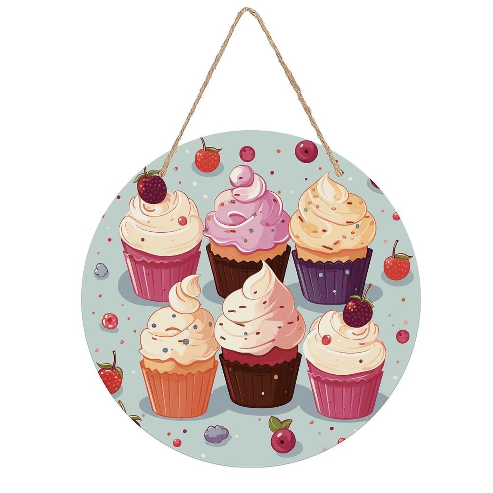 VstaDank Delicious Cupcakes Wall Art Decor with Ropes Wooden Hanging Sign Hanging Wall Decor Artwork Round Wood Painting Modern Wall Prints Decor Picture for Office Bar Home Decors
