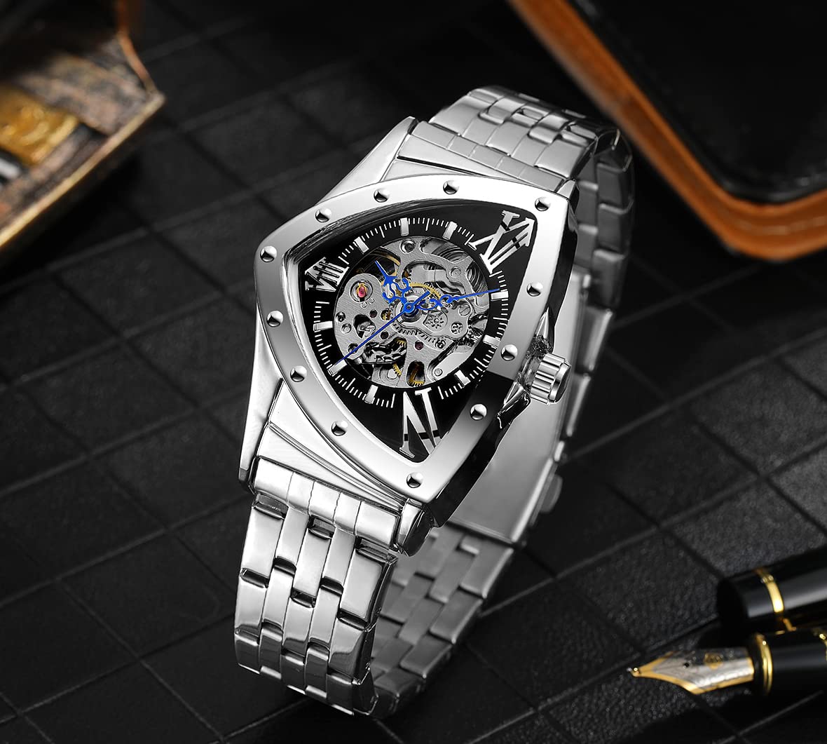 FORSINING Herren-Armbanduhr, 30 m, wasserdicht, Skelett, hohl, automatisch, schillernd, Retro, Dreieck, Armbanduhr