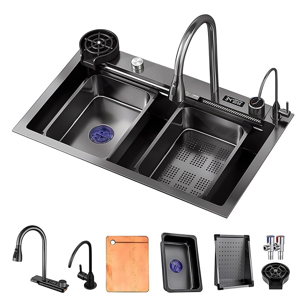 ZQFHSX Large Waterfall Kitchen Bar Sink With Pull Out Faucet, Cup Washer And Drain Accessories, Single Bowl Workstation Sink, Stainless Steel RV For Drop In, Undermount(68x46x22cm)