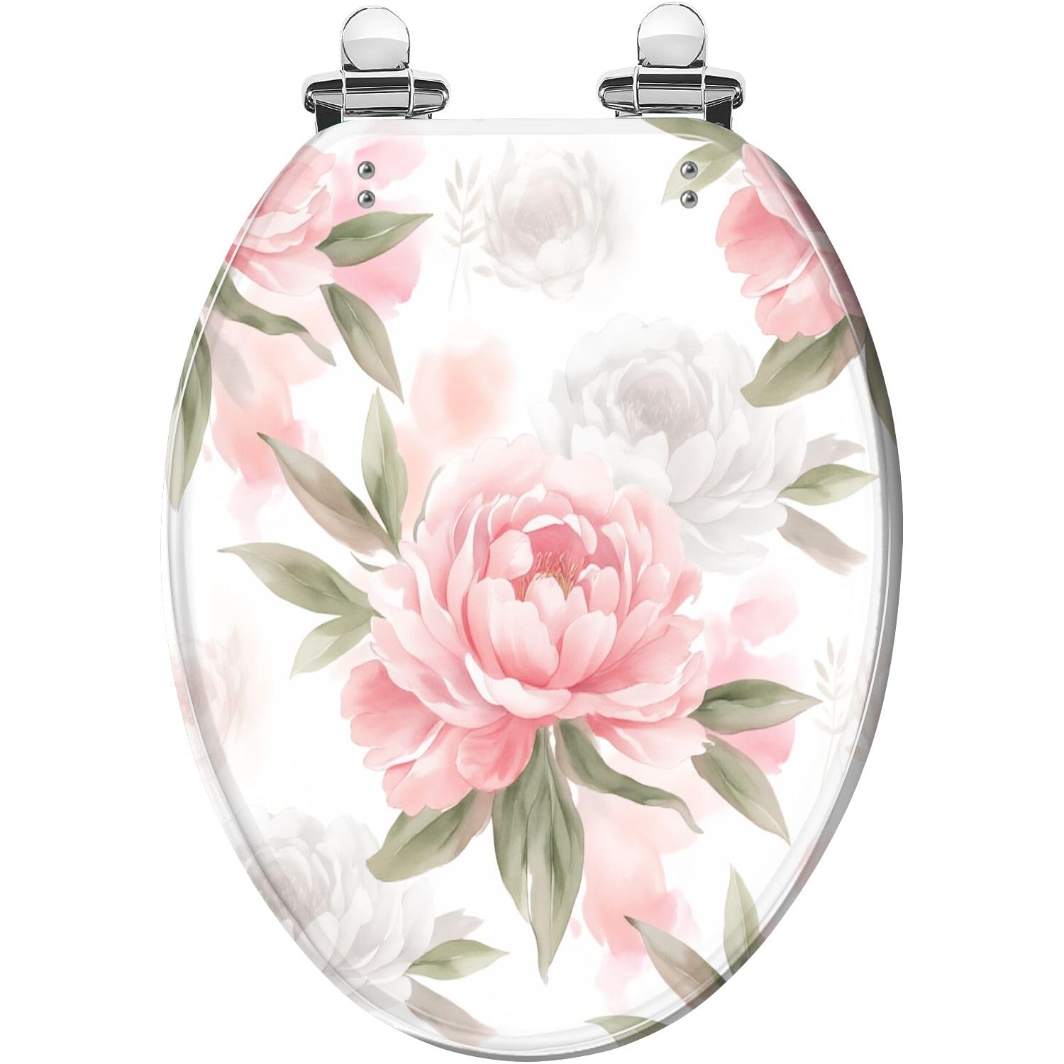 Asiento de inodoro alargado de resina con diseño de peonías rosas y bisagras de cierre suave