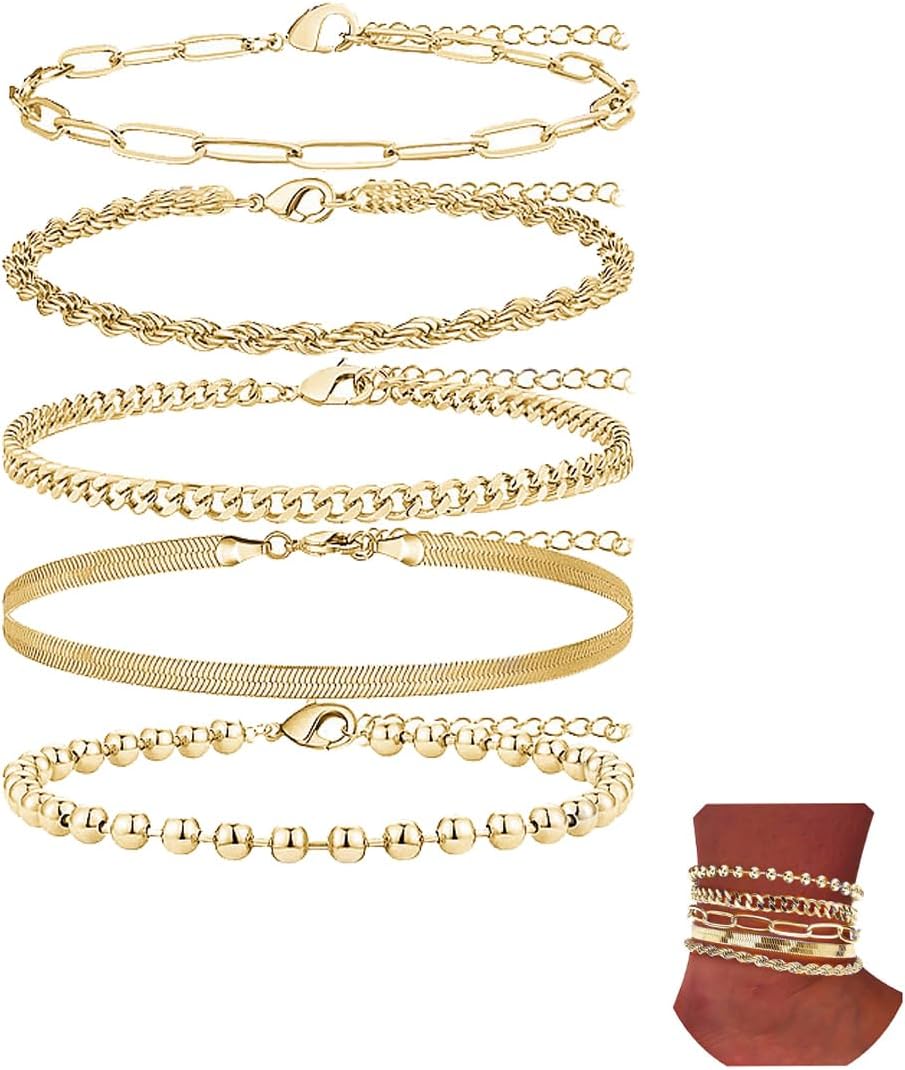 Adjustable Waterproof Layered Bracelets for Women Summer Beach Cuban Link Chain Anklets Set Herringbone Paperclip Beaded Snake Chain ​Stackable Anklet Stainless Steel Jewelry Bracelet
