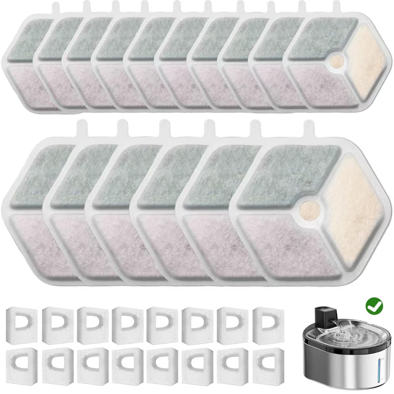 16 Pack Replacement Filters and 16pack Sponges for Smartoo 152oz/4.5L Wireless Cat Water Fountain, Pet Water Fountain Replacement Filter Fit for