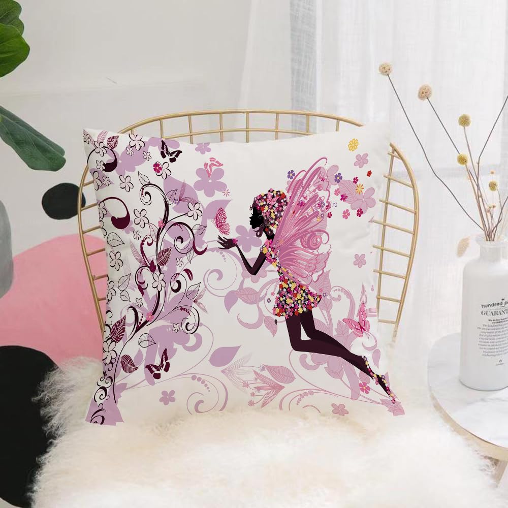 HYOSXW Cushion Cover,Throw Pillow Case Home Decorative for Living Room Bedroom Sofa Chair 16X16 Inch,Cartoon, pinkish-purple floral-patterned silhouette fairy,Pillowcase 40X40cm