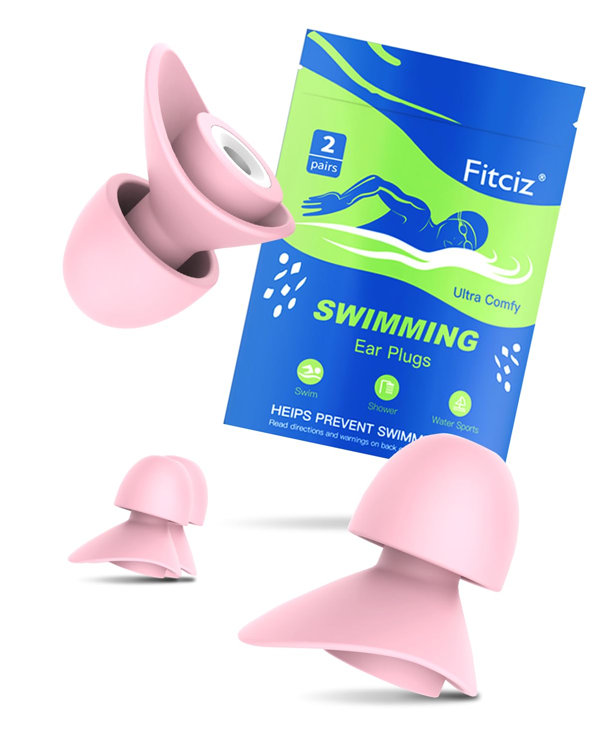 Fitciz Swimming Ear Plugs for Adults, 2 Pairs Waterproof Earplugs in Case for Swimmers, Men, Women, Washable, Reusable, Comfortable (S+M for Women, L+M for Men) (Pink - Women)