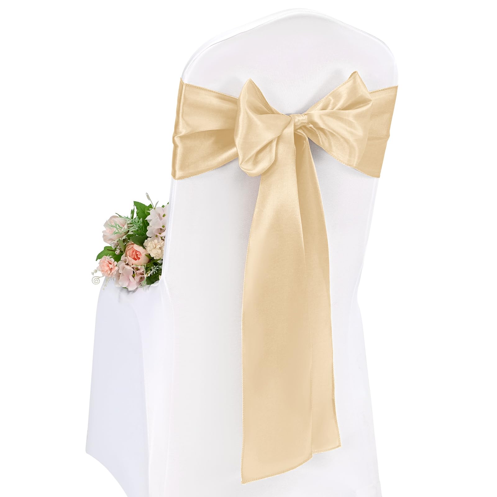 Pesonlook 100 Stück Champagner Gold Satin Stuhlschärpen Stuhl Dekorative Schleife Entworfene 17 x 275 cm Stuhlschärpen Schleife Krawattenband für Hochzeit Party Hoteldekoration (Champagner Gold)