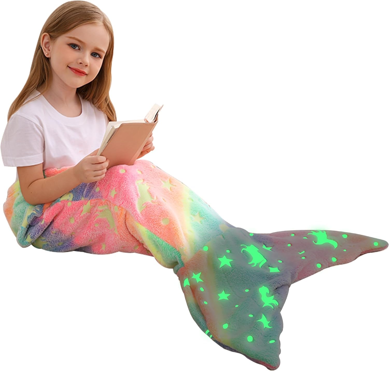 NALACAL Kids Mermaid Tail Blanket, Glow in The Dark, Flannel, Tie Dye, Green, 2-8 Years, Girls