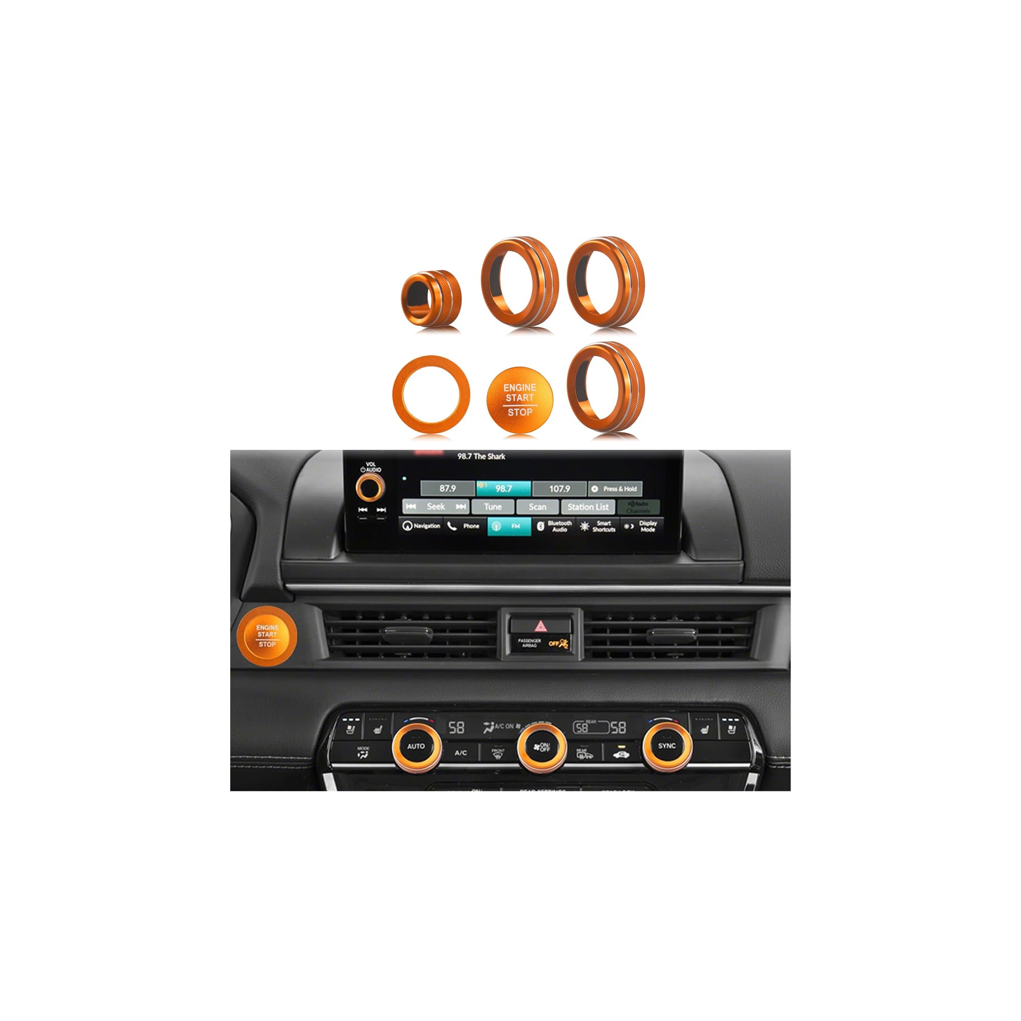 Suitable for Honda Pilot 2023 2024 2025 Air Conditioning Control Volume Knob Adjustment Knob Cover, Start Button Cover/Ring, Car Interior Trim 6 Pieces/Set (Orange)