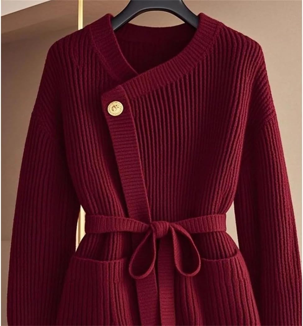 Women Wine-Red Cardigan Sweater Autumn-Winter Belted Slim Fit Knitted Coat Office Ladies Fashion Cardigan