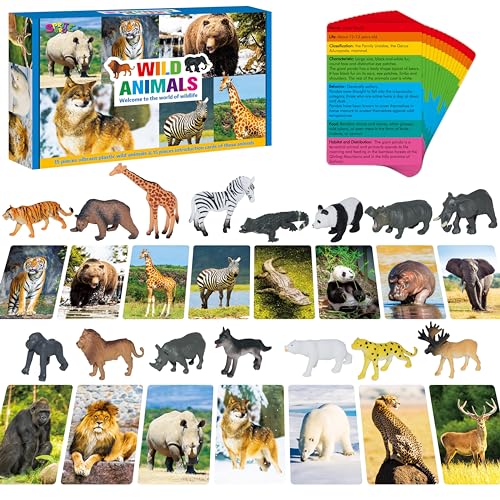 15 PCS Safari Animal Figurines with 15 Introducing Flashcards, Realistic Zoo Animal Figures Montessori Toys Science Educational Matching Game for Homeschool Preschool Toddler Kids