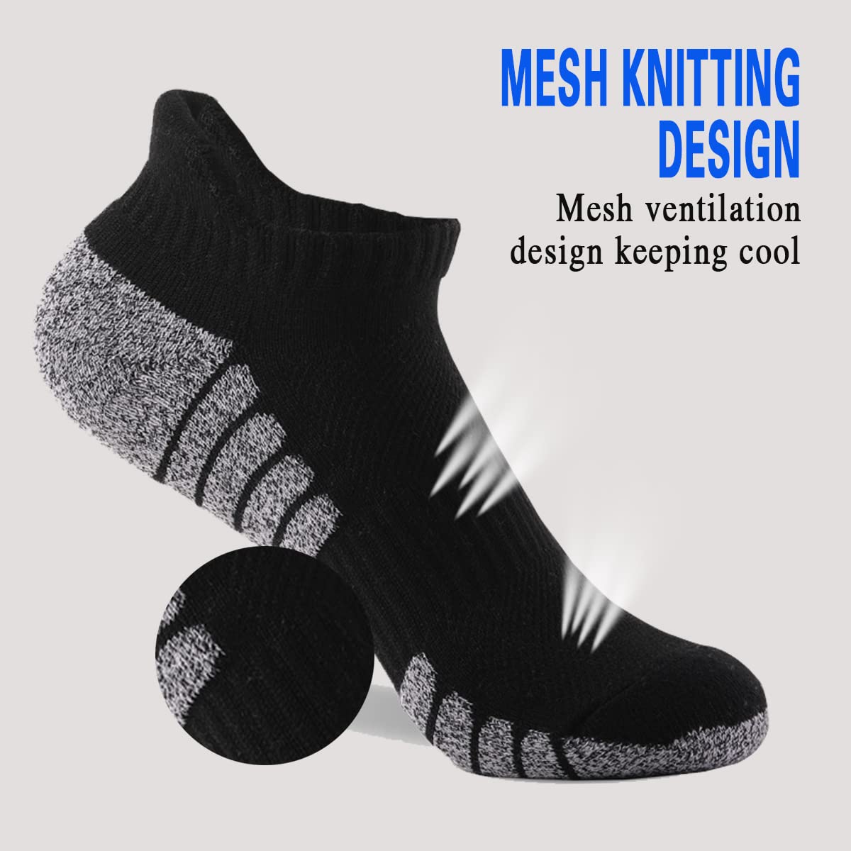 Herrensocken, 12 Paar, Anti-Blasen, gepolstert, atmungsaktiv, Laufsocken, Baumwolle, Sportsocken, niedrig geschnitten, athletische Sportsocken, Schwarz , 3-5