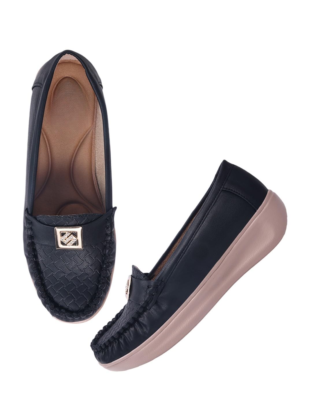 Women’s Comfort Woven Loafers with Cushioned Insole – Slip-On Soft Sole Casual Flat Shoes with Gold Accent-image-20