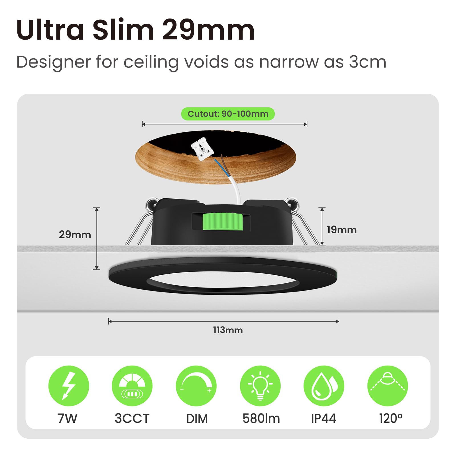 ALUSSO 6 Stück Einbaustrahler Led,7W 550 Lumen Led Einbaustrahler 230V Dimmbar,Deckenspots 3CCT 3000K 4000K 6500K Einstellbar Einbauleuchten,IP44 Deckenstrahler für Badezimmer,Küche,Schwarz