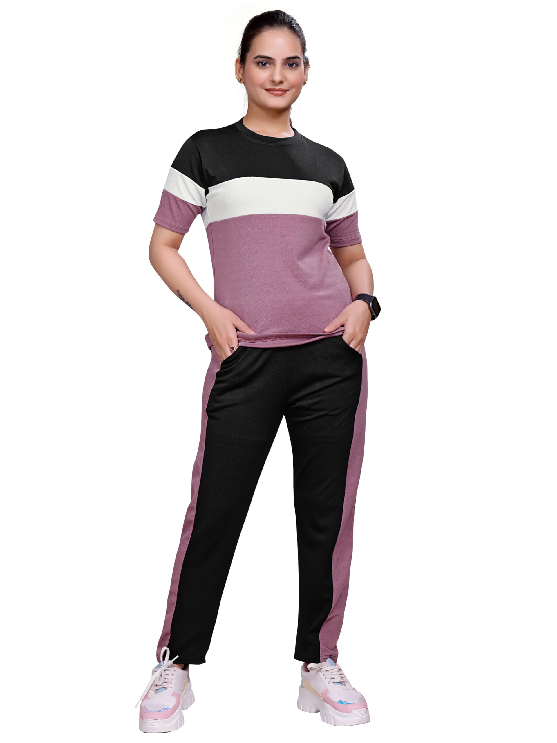 sakarmaa Women's Round Neck Pajamas Set in Polyester Lycra and Gym Outfit with Side Pockets and Drawstring Waist-picture-32