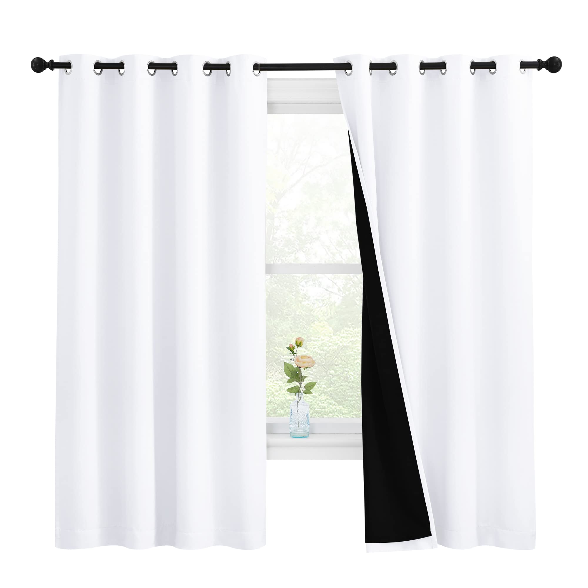 NICETOWN White 100% Blackout Lined Curtains, 2 Thick Layers Completely Blackout Window Treatment Thermal Insulated Drapes for Kitchen/Bedroom (1 Pair, 55 inches Width x 68 inches Length Each Panel)