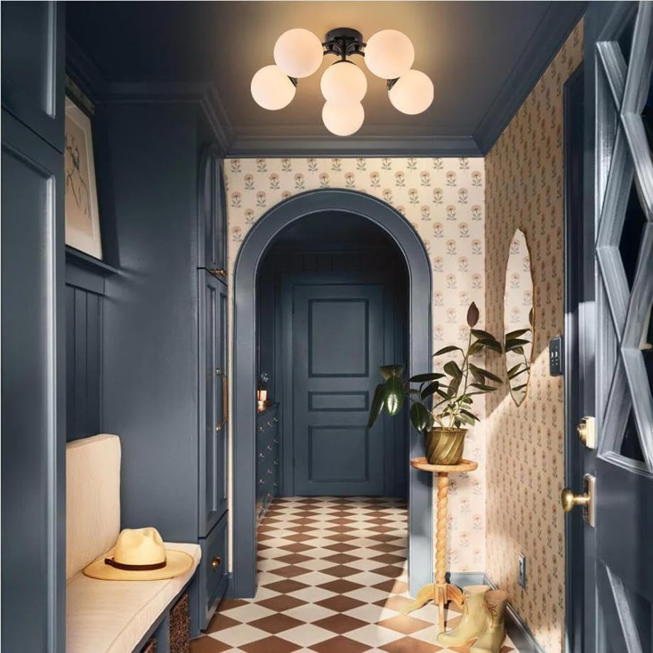 Sputnik Bubble Chandelier, Modern Semi-Flush Mount Ceiling Light Fixture with Brushed Brass Finish and Milky White Glass Globes, Dimmable for Living Room Dining Room Bedroom (Black, 6 Light)