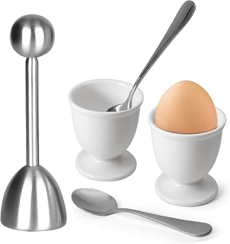 Egg Cups and Egg Cracker Set for Soft Boiled Eggs, 1 Stainless Steel Egg Cutter, 2 Stainless Stain Spoons and 2 Ceramic Egg Stands in Kitchen, Parties for Breakfast, Host