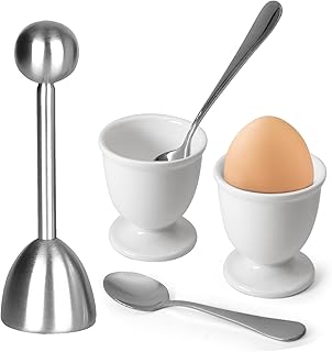 Egg Cups and Egg Cracker Set for Soft Boiled Eggs, 1 Stainless Steel Egg Cutter, 2 Stainless Stain Spoons and 2 Ceramic Egg Stands in Kitchen, Parties for Breakfast, Host