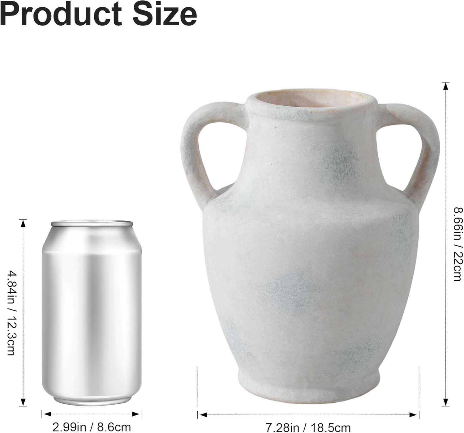 Flower Vase with Handles, 8.66 inch Tall Ceramic Vase Farmhouse Rustic Vases Decorative Pottery Vases for Home Decor Living Room Table Bookshelf Centerpiece Bouquet Wedding Fireplace (White)