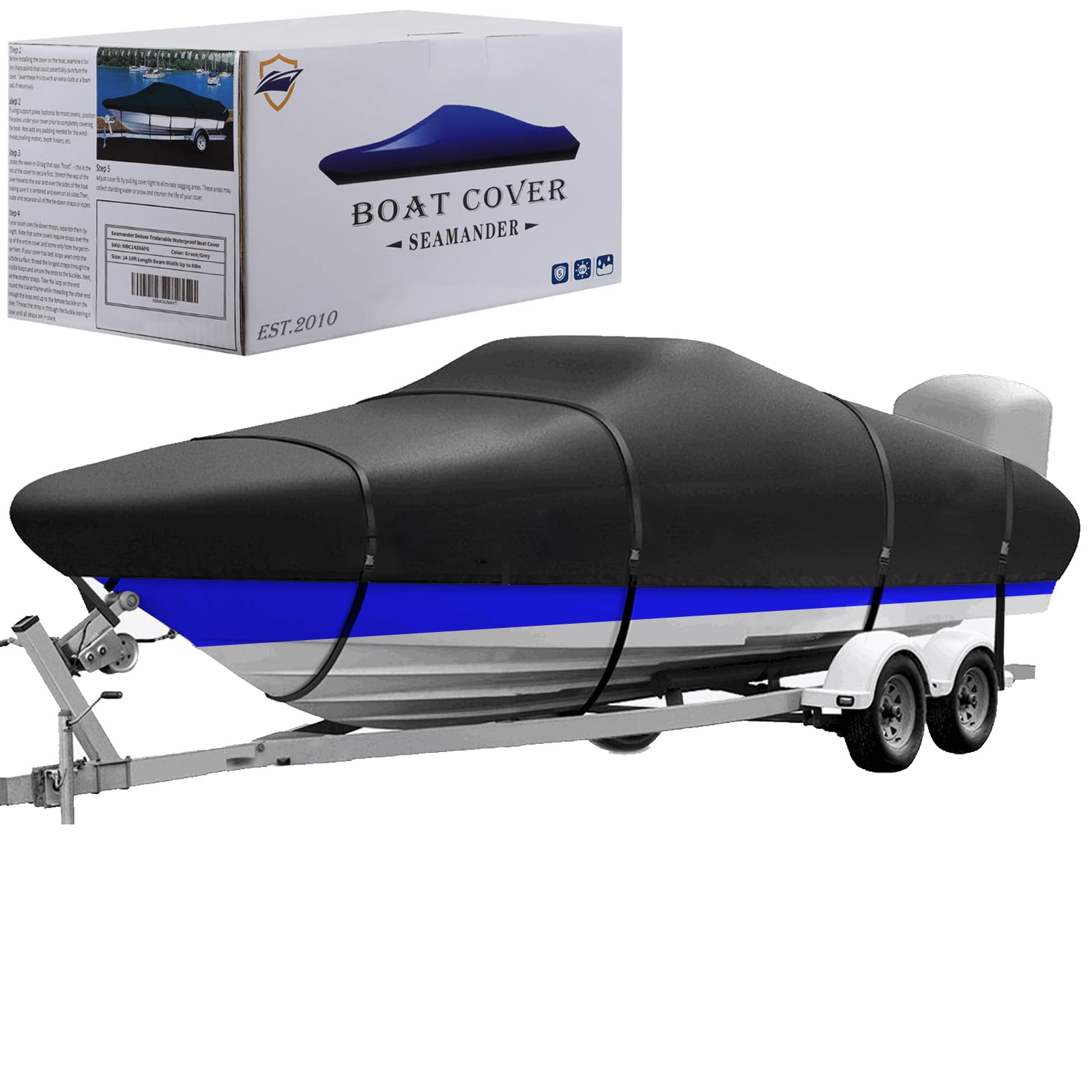 Seamander 1200D Trailerable Boat Cover,16'-18'Waterproof Boat Cover Fits16-18ft V-Hull, Runabout, Fishing Boat, Tri-Hull, Pro-Style Bass Boat with Tightening Strap(Black)