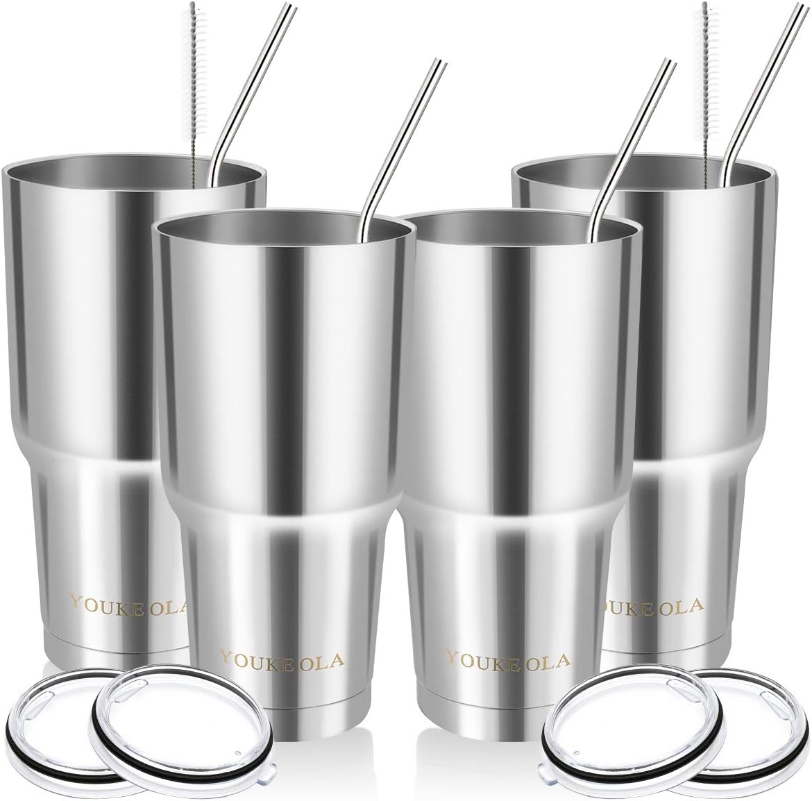Stainless Steel Tumbler 30oz - Vacuum Insulated Tumbler Coffee Cup Double Wall Large Travel Mug with Lid, Straw, Brush, Gift Box Set (Silver, 30oz-4 Pack)