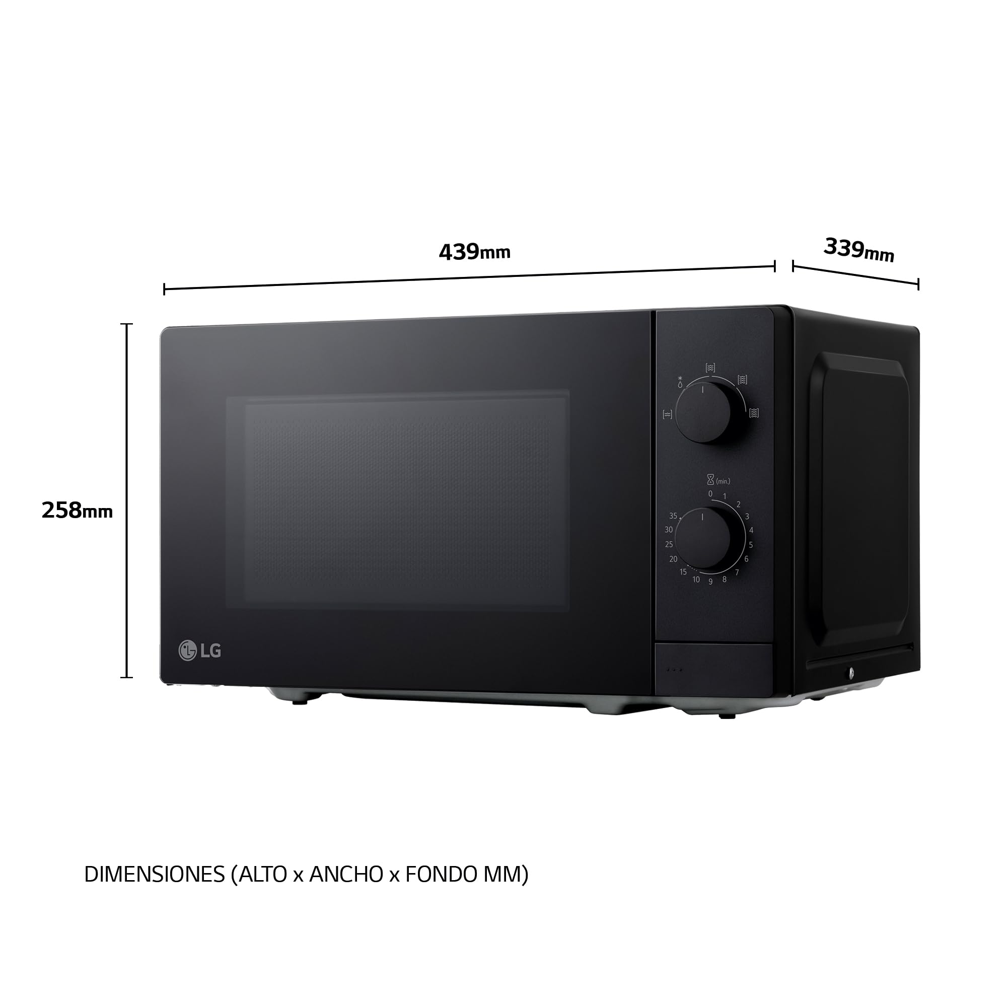 LG - MS2082F Microondas, 20 Litros, 700W, Negro, 44.5x25.8x34.5 cm, Control Mecánico, 5 Niveles de Potencia