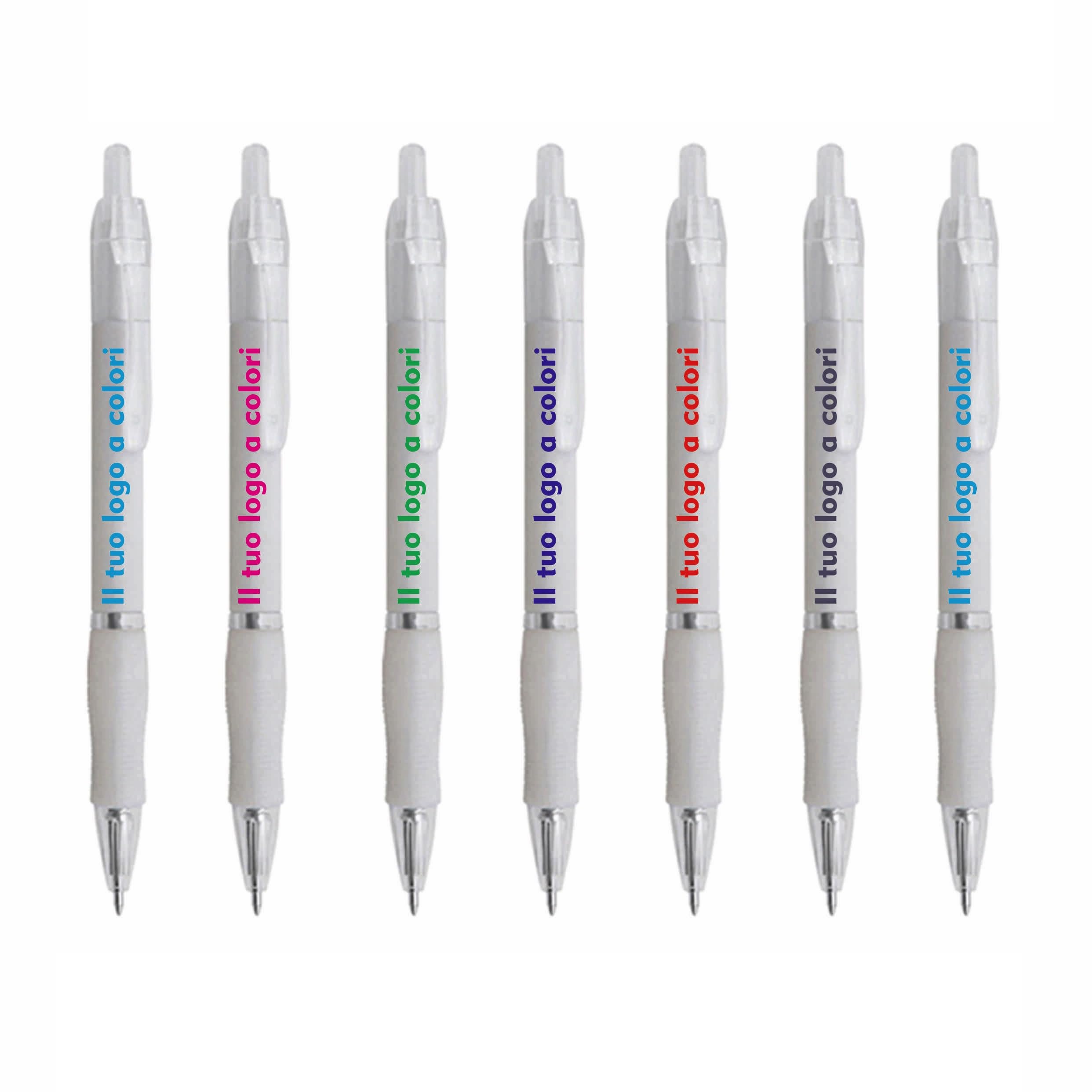 Set 100 Penne a Sfera Personalizzate con Stampa a Colori - Penna a Scatto Personalizzabile in Plastica Bianca con Grip in Gomma Colorata, Refill Nero - Gadget Aziendali e Promozionali