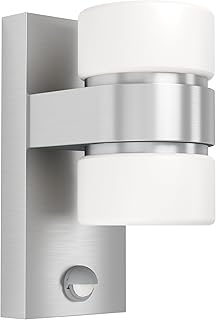 EGLO LED Außen-Wandlampe Atollari, 2 flammige Außenleuchte inkl. Bewegungsmelder, Sensor-Wandleuchte aus Alu, Edelstahl und Kunststoff, Farbe: Silber, weiß, IP44
