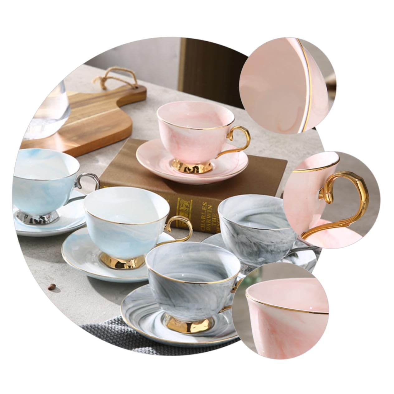Taza de con Diseño Mármol Estilo Nórdico con Platillo Rojo y Mango Dorado para Café y Leche Reuniones y Regalo