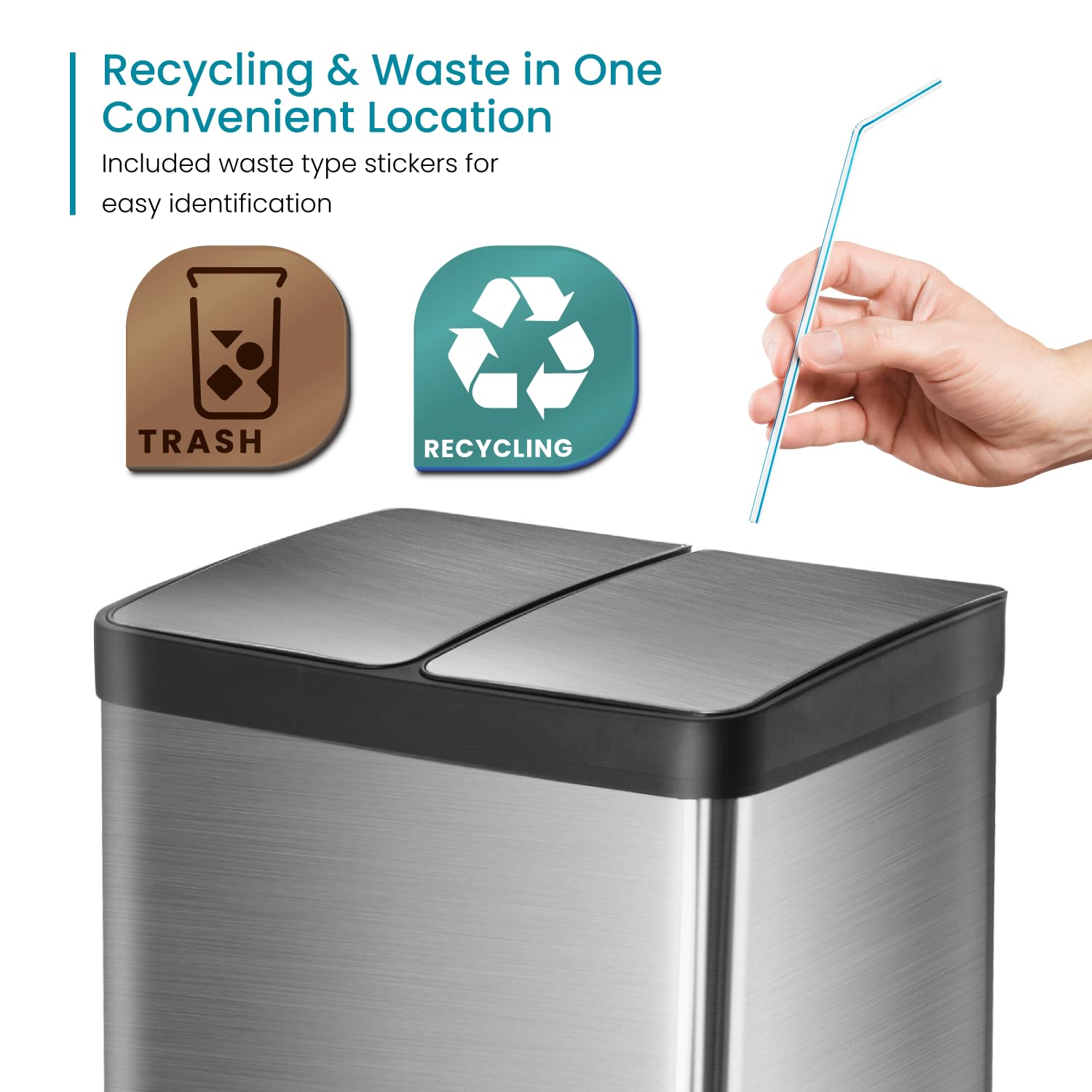 Home Zone Living 16 Gallon Kitchen Trash Can with Dual Compartments for Trash and Recycling, Soft Close Lids, Step Pedals, and Removable Liners, Stainless Steel, Silver