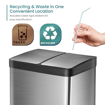 Home Zone Living 16 Gallon Kitchen Trash Can with Dual Compartments for Trash and Recycling, Soft Close Lids, Step Pedals, and Removable Liners, Stainless Steel, Silver