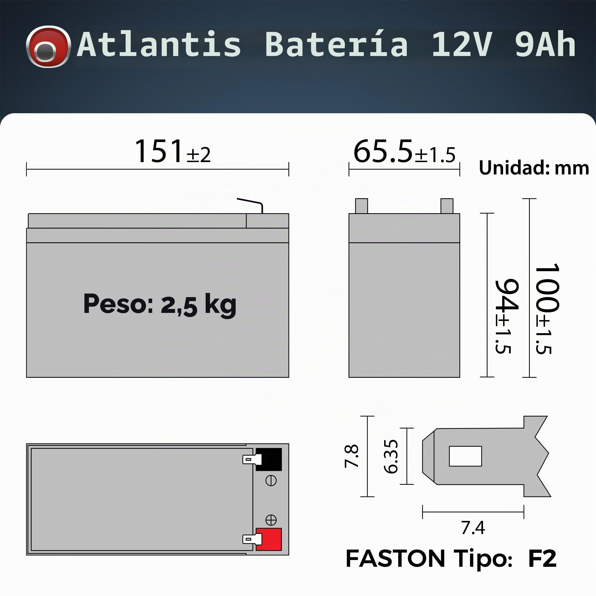 Atlantis batería de Plomo hermética (VRLA) 12 V 9 Ah, para Sistemas de alimentación ininterrumpida (SAI), videovigilancia, Alarma, Movilidad eléctrica, Juguetes, faston F2 6,3 mm, A03-BAT12-9.0A