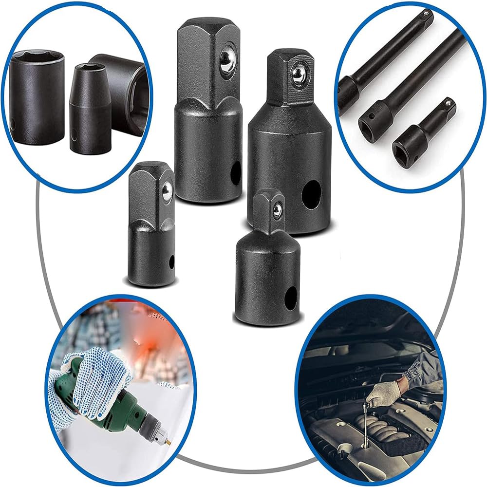 Kit adattatore per riduttore a cricchetto quadrato, 4 pezzi, 1/2 a 3/8, 3/8 a 1/4 (nero)