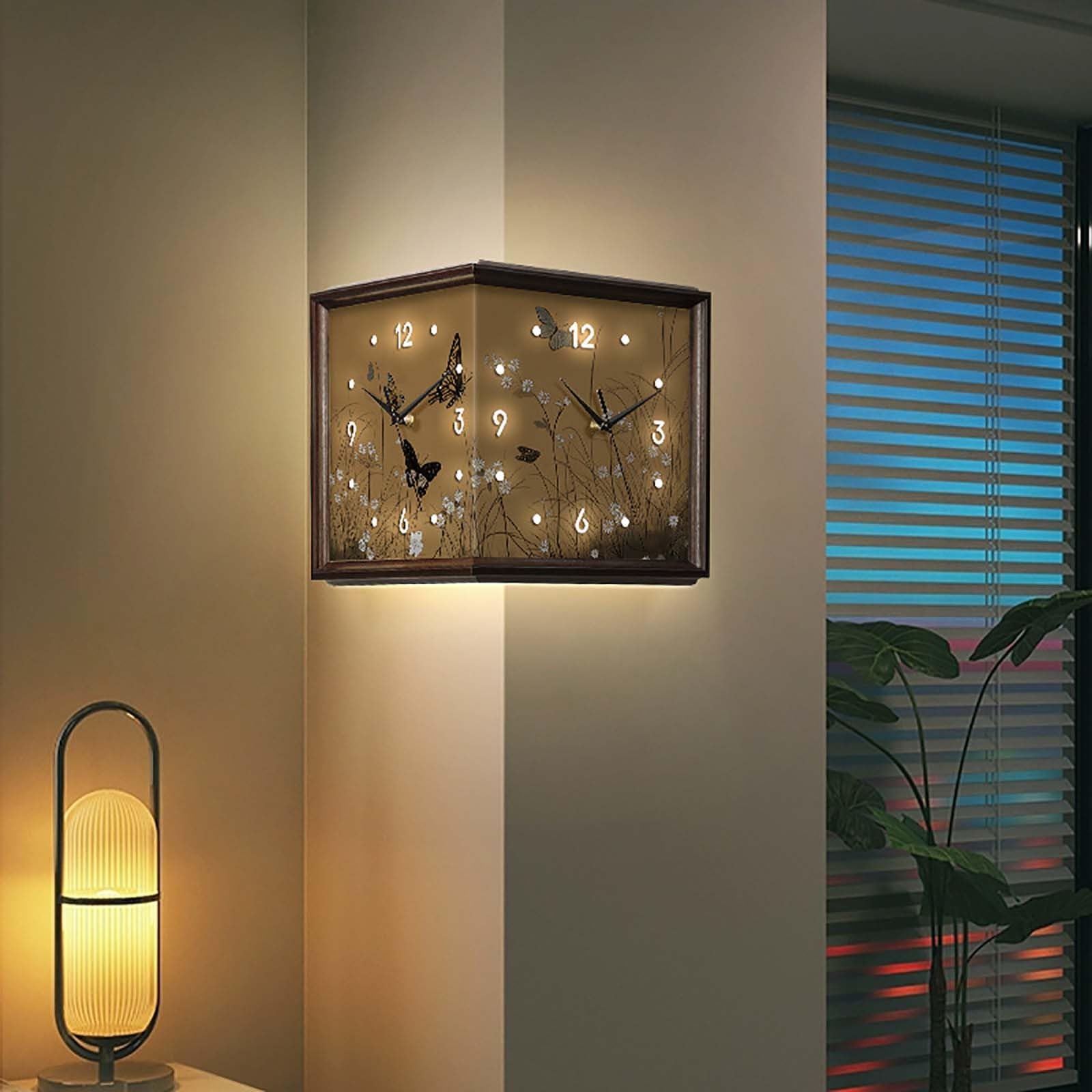 Dwustronna lampa ścienna z zegarem i automatycznym czujnikiem, dekoracyjny żyrandol w stylu retro do pomieszczeń i narożników ściennych.