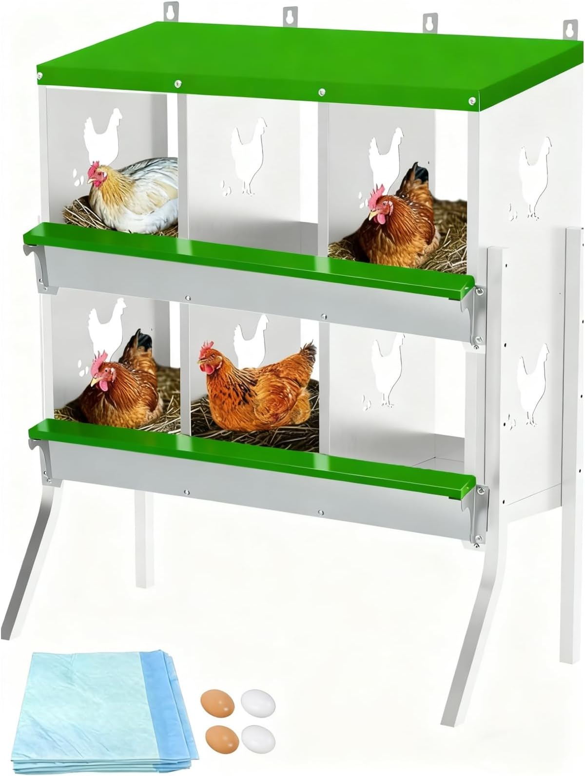 Garvee 6 Compartment Chicken Nesting Box with Legs, 2 Layer Wall Mount/Free Standing Poultry Nest for Chickens, Hens, Ducks, Metal Chicken Laying Boxes with Perch, Secure Lid, Vented Holes, Green