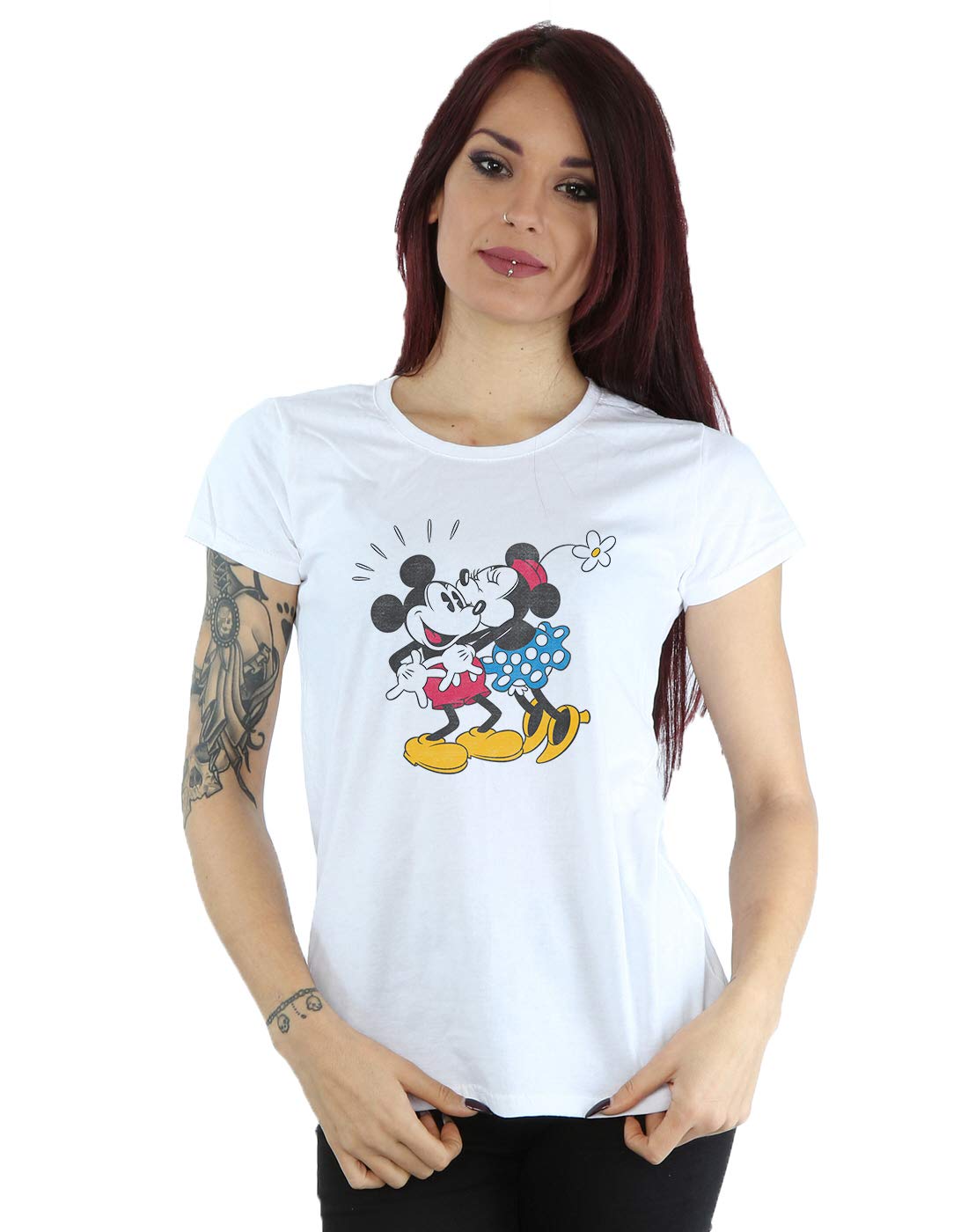 Disney Women's White Mickey And Minnie Kiss T-Shirt Large