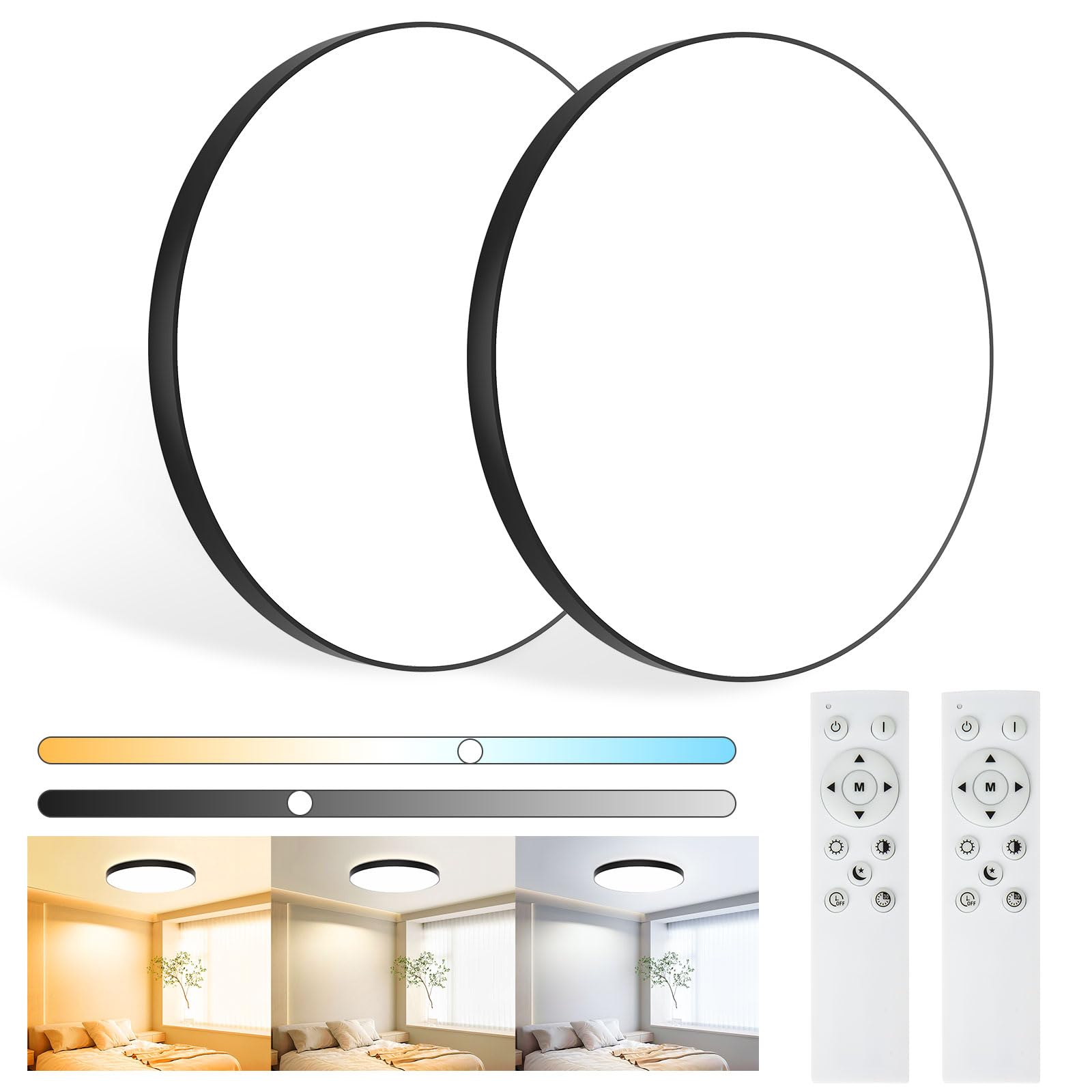 Plafoniera LED Soffitto Dimmerabile 24W [2 Pezzi] | Lampada da Soffitto con Telecomando Plafoniera Bagno IP44 Impermeabile Ø28CM 2000LM per Cameretta/Cucina/Soggiorno