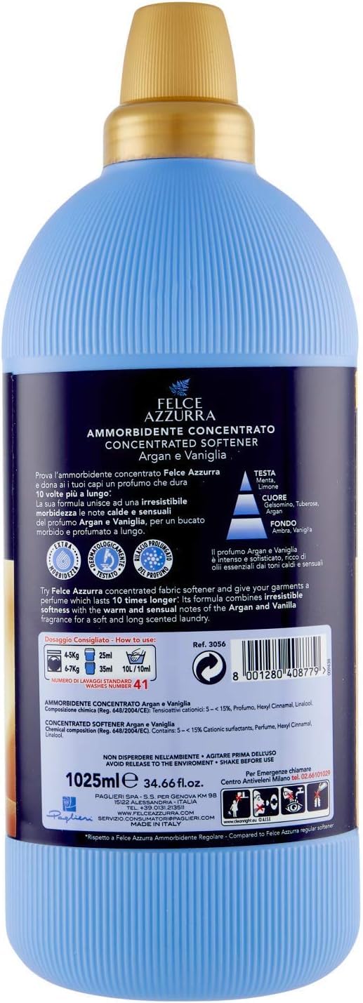 Felce Azzurra Ammorbidente Concentrato Argan e Vaniglia - Suavizante concentrado de argán y vainilla, ropa suave, 41 lavados, 1025 ml + llavero Beni Culinari gratuito