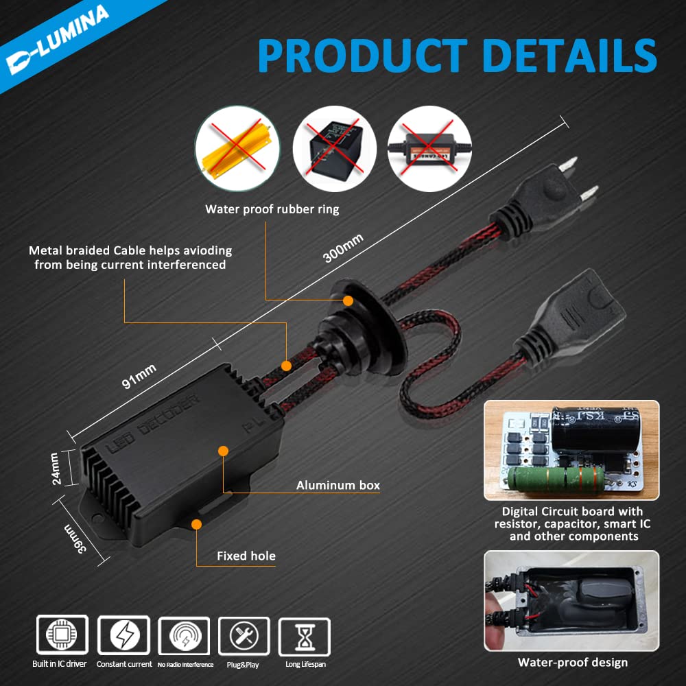D-Lumina Décodeurs pour phares à LED H7, kit de décodeur complet à annulation d'erreur, annuleur d'avertissement d'ordinateur, filtres anti-scintillement, résistances anti-interférences-2 pièces