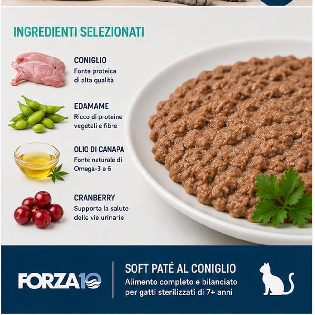 Soft Patè Gatto Coniglio 7 anni sterilized– Forza10 Cibo Umido per Gatti Anziani sterilizzati di tutte le Taglie e Razze,Monoproteico,24 Bustine x 80g, Alimento Completo.