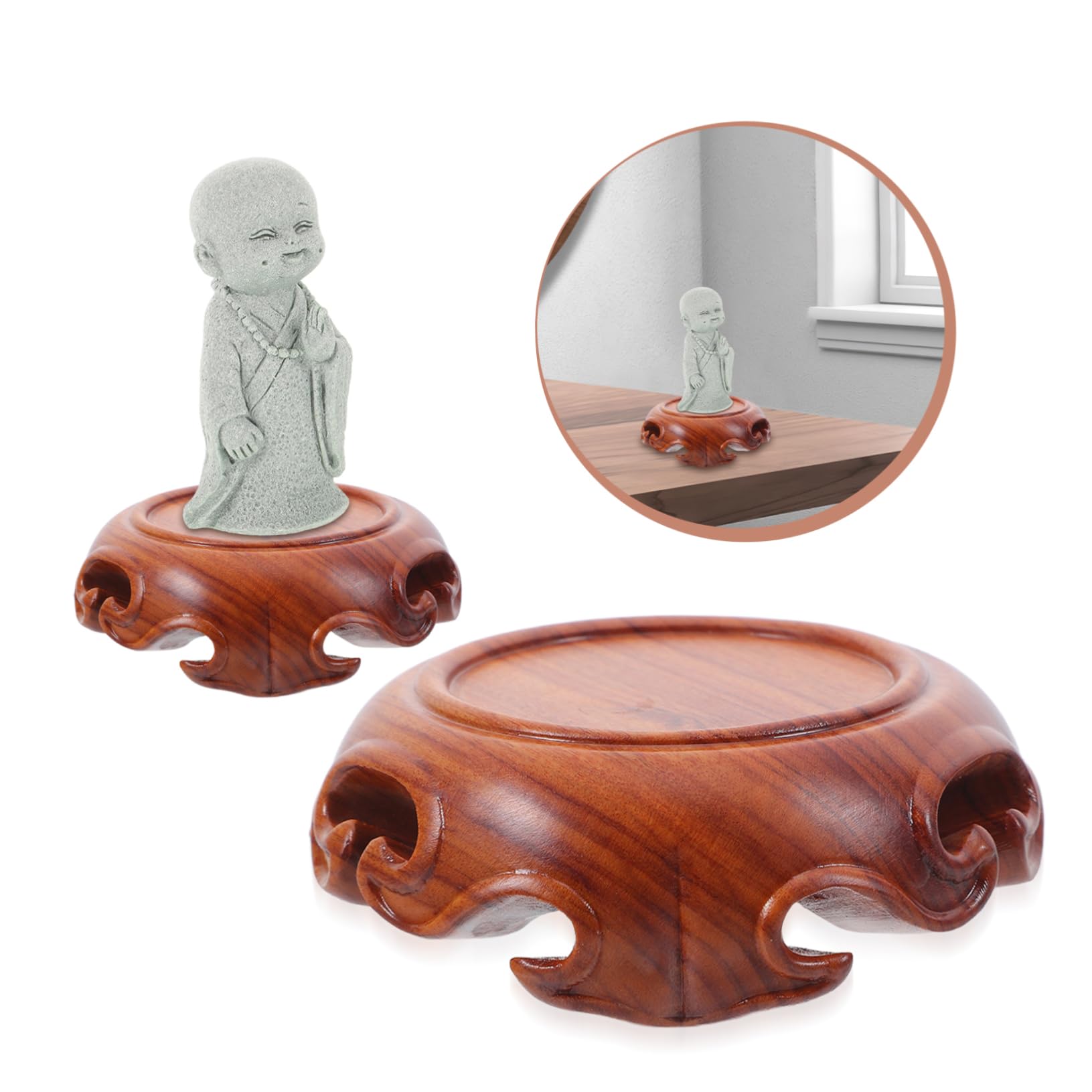 Runder Holzsockel aus Braunem Holz für Figuren und Steine